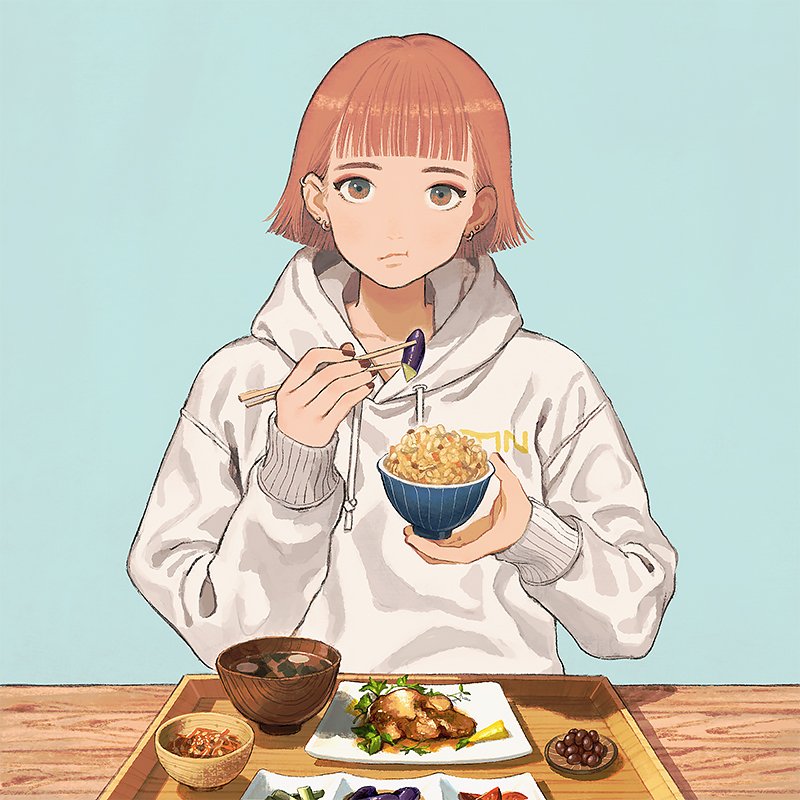 1girl bowl solo hood hoodie chopsticks holding  illustration images