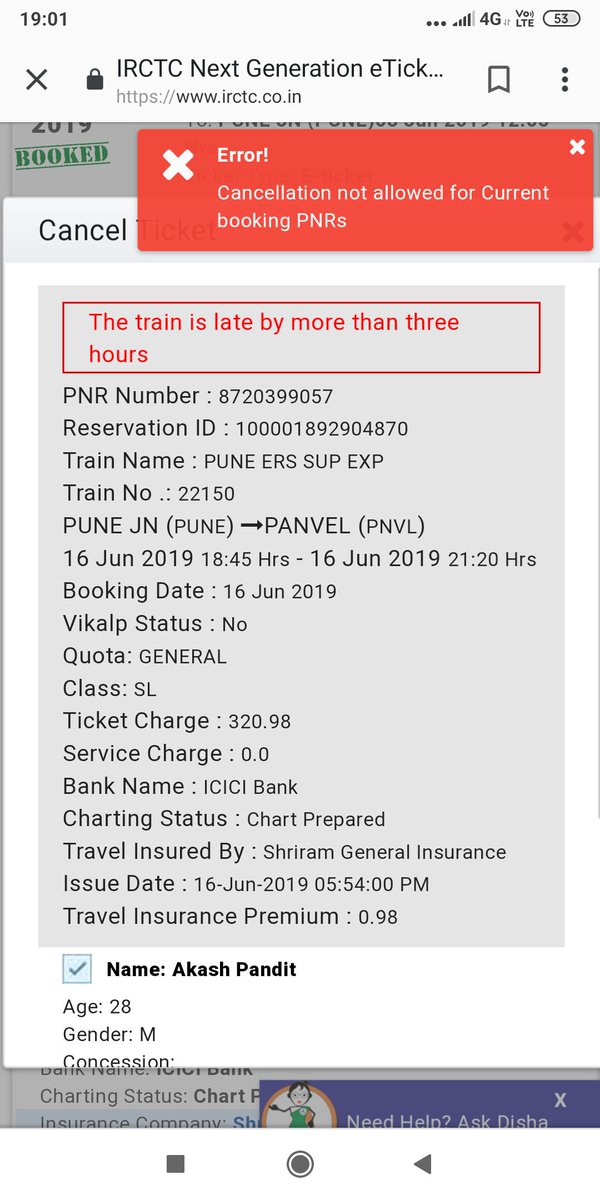 aakasticated's tweet photo. @PiyushGoyal @IRCTCofficial  Booked a train from Pune to Mumbai today in current availability.  But it got delayed by 10+ hours. Irctc is not letting me cancel also.  Please help me get the refund. https://t.co/5SWxl4IFkZ