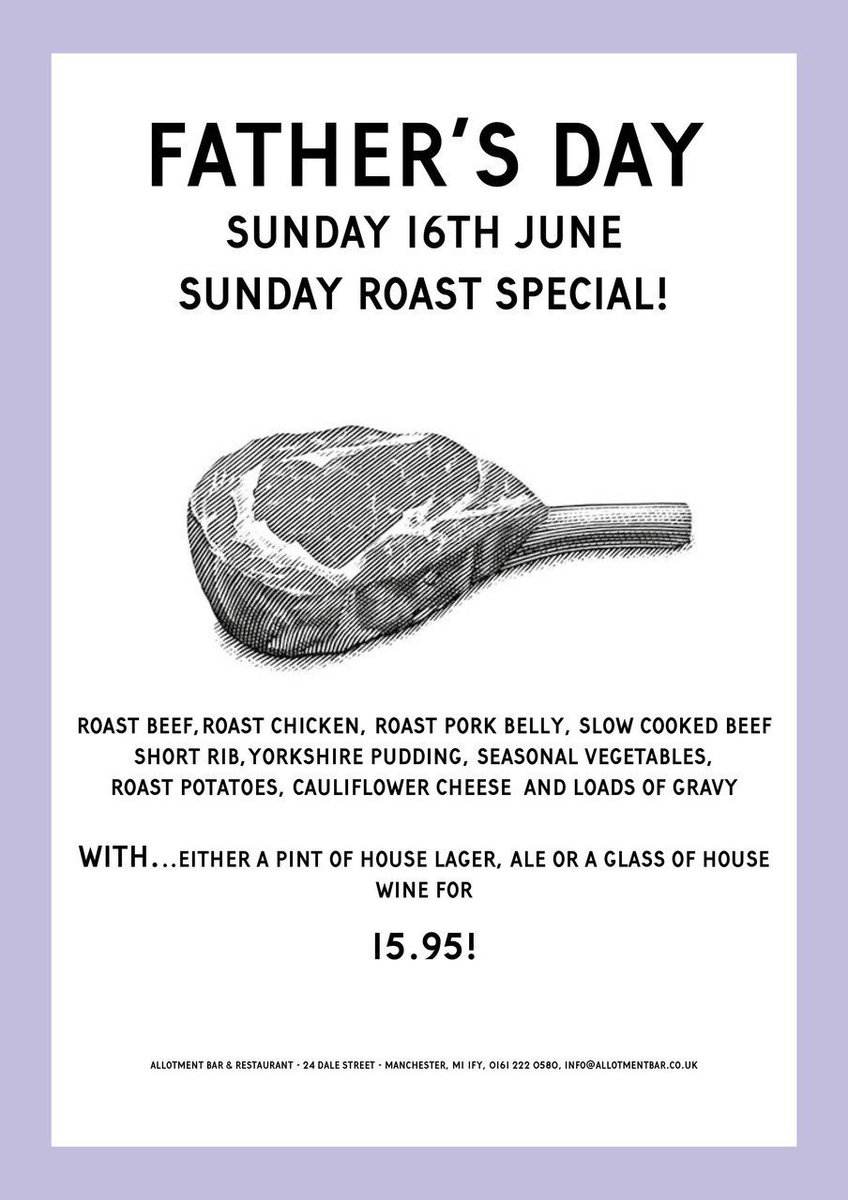 Father's day today so bring him down to Allotment for a Sunday roast treat!
-
-
-
-
-
-
#fathersday #sundayroasts #roastbeef #sundayfunday #roastspecials #allthetrimmings #roastchicken #roastpork