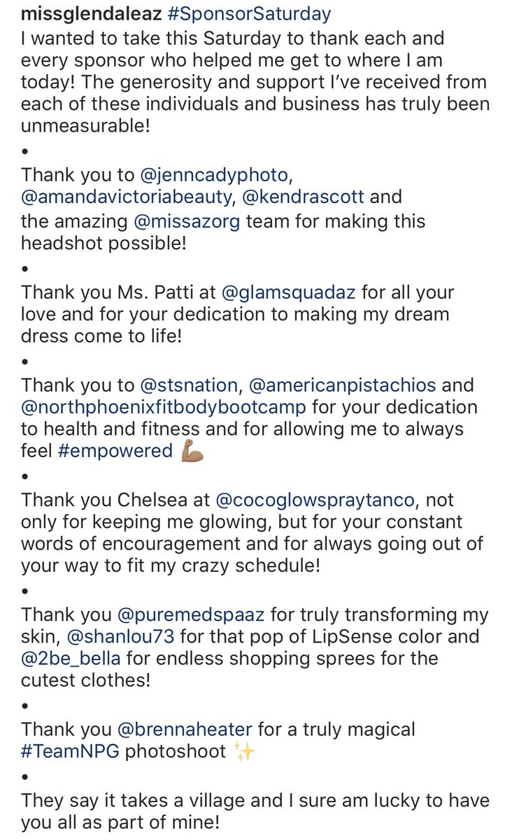 MissGlendaleAZ's tweet photo. I wanted to take this #SponsorSaturday to thank each &amp; every sponsor who helped me get to where I am today! The generosity &amp; support I’ve received from each of you has truly been unmeasurable! They say it takes a village &amp; I sure am lucky to have you all as part of mine! https://t.co/t7LnOzaxY3