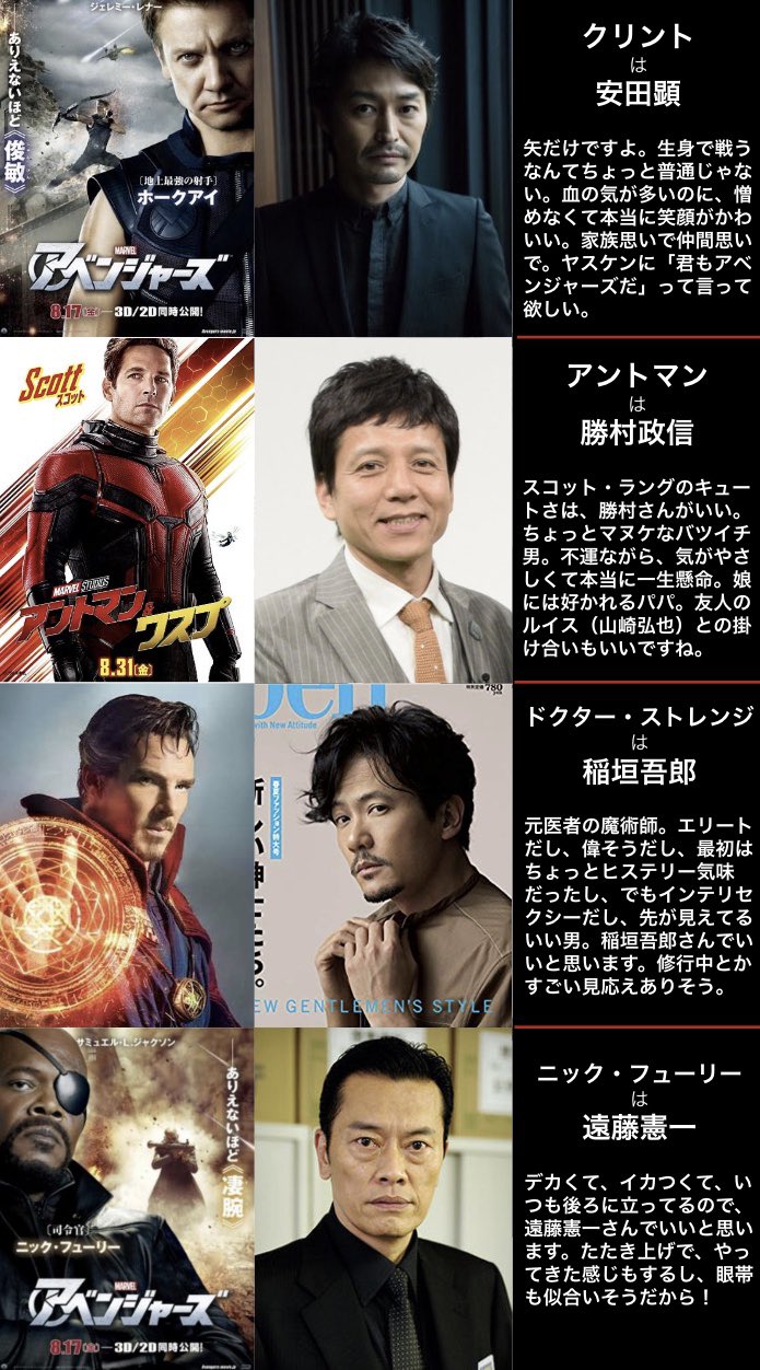 中前結花 日本の俳優さんに演じてもらうなら を考えながら 大好きなmarvelを数年間 鑑賞してきたのですが 人に話すと 変なイメージがついて気が散る 笑っちゃう と叱られるので 主なものだけですが誰か見てほしい アッセンブル エンドゲーム