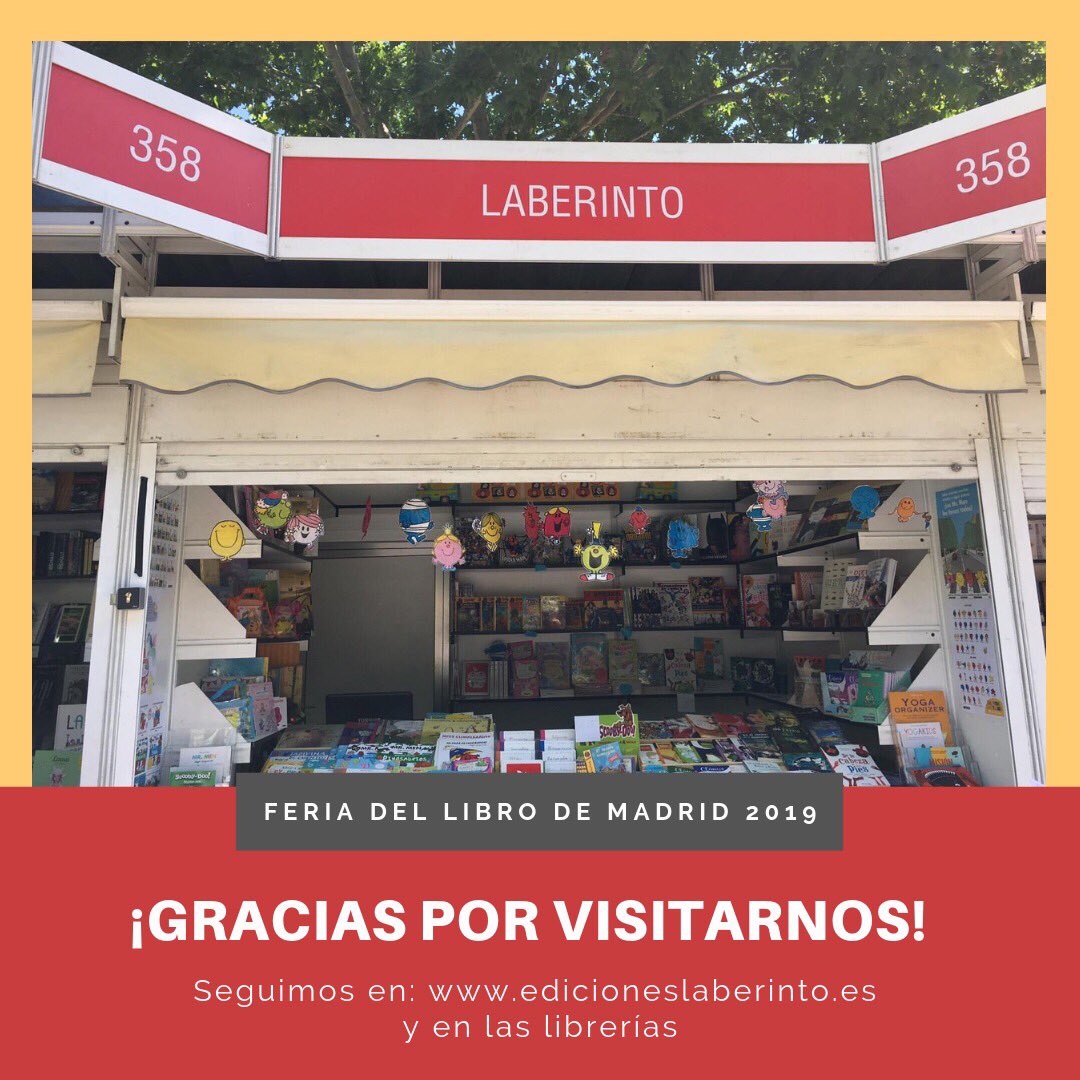 e_laberinto's tweet photo. Hoy acaba la Feria del Libro de Madrid. Disfrutad de las últimas compras y del paseo entre libros. 📚📖📒📔¡Gracias por vuestra visita!
#felizdomingo
#edicioneslaberinto #lij #FLM19 #literaturainfantil #literaturajuvenil #nosgustaleer https://t.co/Fqm6Jri9eu