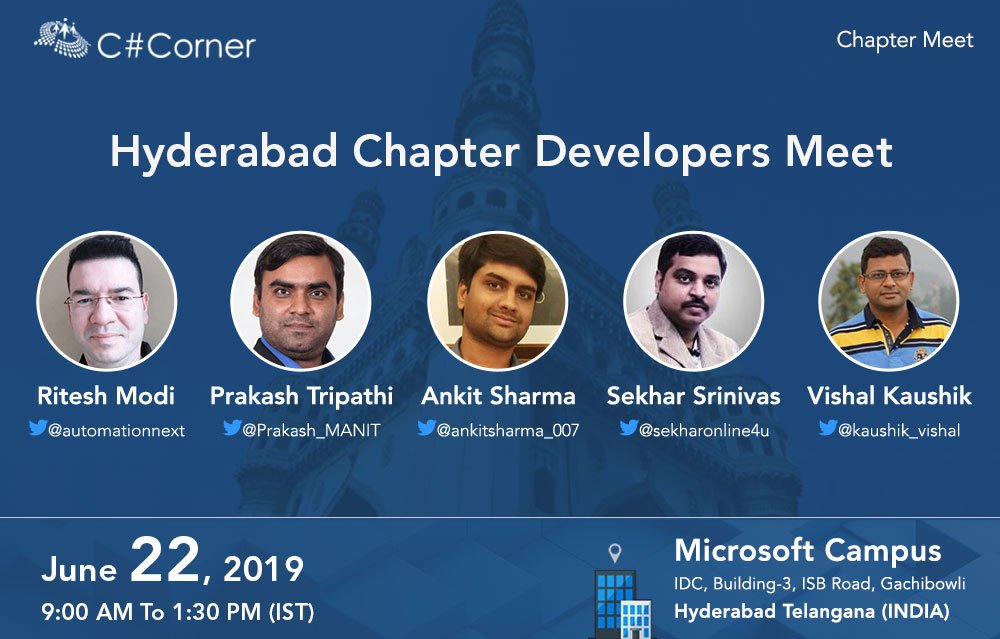 CsharpCorner's tweet image. Join @CsharpCorner Hyderabad Chapter Developers Meet. Register now: bit.ly/2JTRVMR cc @Prakash_MANIT @automationnext @sekharonline4u @kaushik_vishal @ankitsharma_007 #Azure #Csharp #Blazor #Angular #Python #DotNetCore