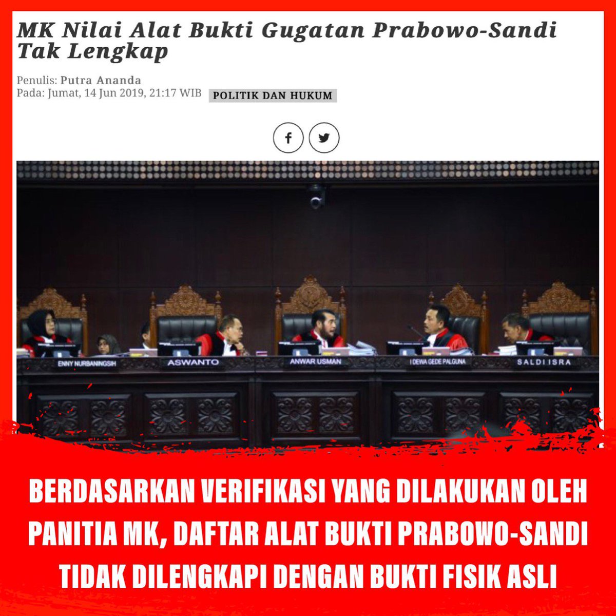 ragi_arh's tweet photo. MK Nilai Alat Bukti Gugatan Prabowo-Sandi Tak Lengkap

https://t.co/TPqyEg2VpE

#DamaiIndonesiaKu https://t.co/d7b3DBrP8T