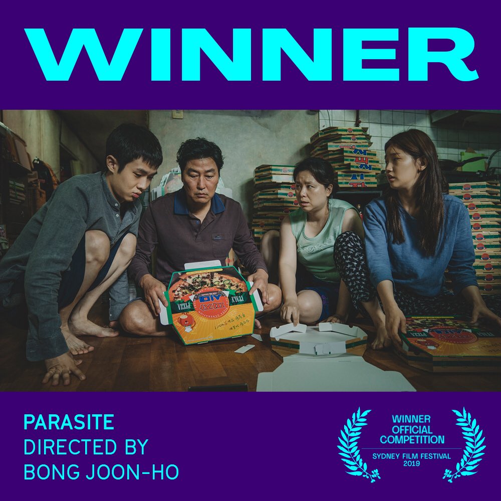 sydfilmfest's tweet photo. The 2019 #SydFilmFest Sydney Film Prize winner is PARASITE by #BongJoonHo #Parasite #기생충 @MadmanFilms https://t.co/BkzA8xqMdF