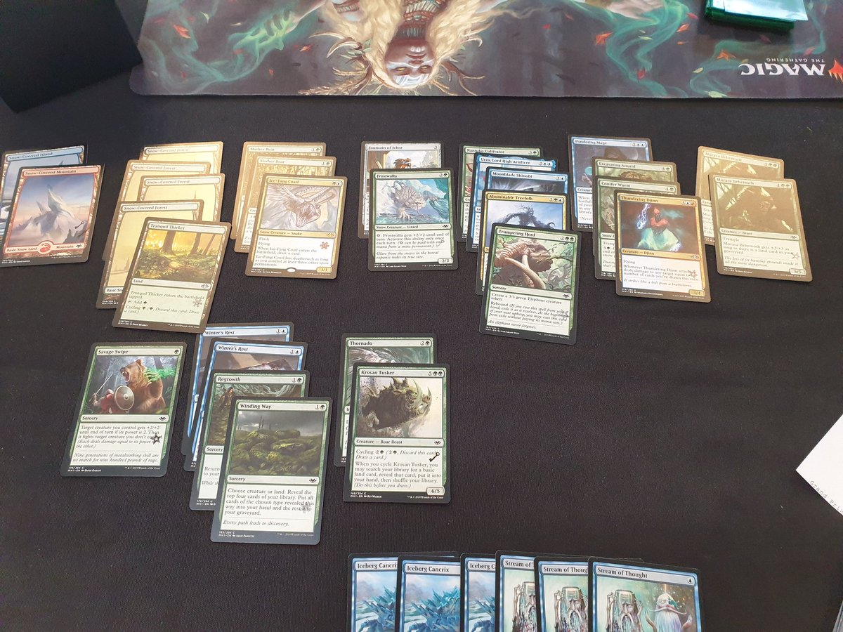 madcatxes's tweet photo. 2-1 first draft of #MTGCopenhagen with this UG snow deck. Should I have played the mill cards? #HareruyaPros #MTGManager https://t.co/klU9Z7v7Al