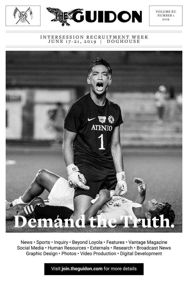 TheGUIDON's tweet image. For 90 years, The GUIDON has served the Ateneo with thought-provoking narratives that are worth sharing. Join The GUIDON&apos;s unwavering pursuit for the truth this Intersession RecWeek from June 17-21 at the Doghouse. Visit join.theguidon.com to find out more.