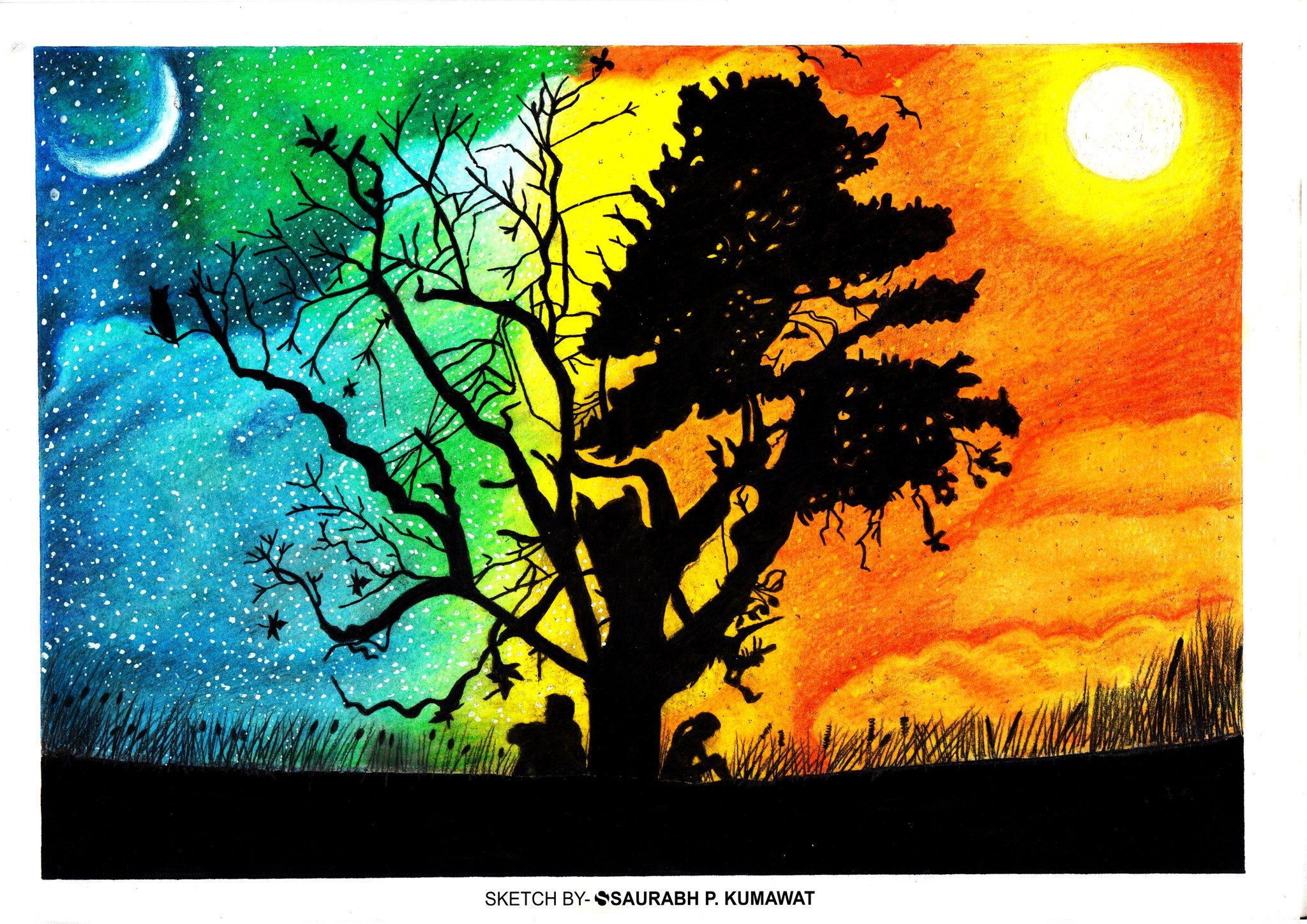 Day and night scenery drawing with oil pastels step by step – Artofit