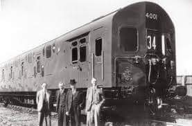This photo was taken, we believe, at Lancing works; O.V.S. Bulleid + design team.
Unit 4001was finished in September 1949, and 4002 the following month. The trailer bodies were on 62ft underframes, the motor coaches being 6in longer and all 9'2" wide. Each unit weighed 136 tons.