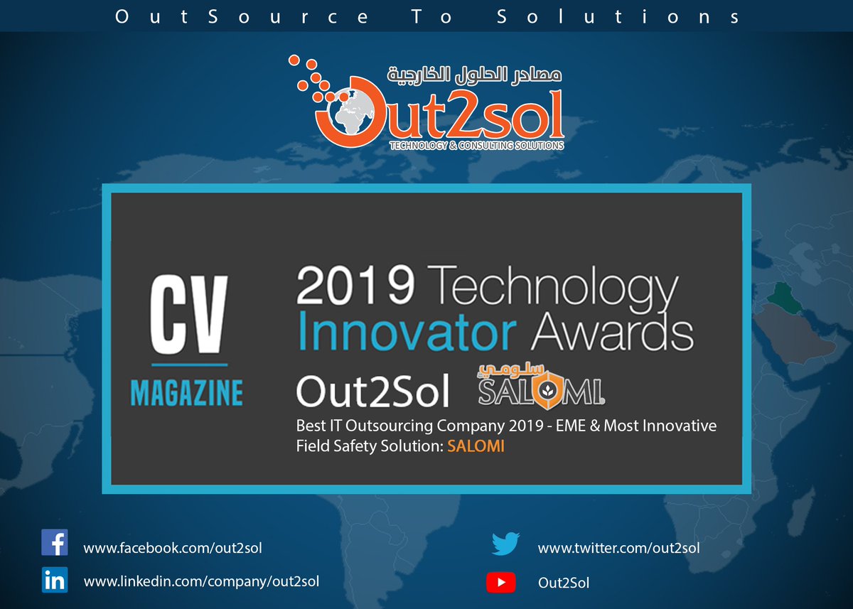 out2sol's tweet photo. We are pleased to announce that Out2Sol is awarded as "Best IT Outsourcing Company 2019" and our product "SALOMI" as "Most Innovative Field Safety Solution".
https://t.co/f8NaiRzIgA
https://t.co/vlYvEN0P58

#KSA #outsourcing #technology #business #developers #InnovationWeek https://t.co/TgwacH8o7c