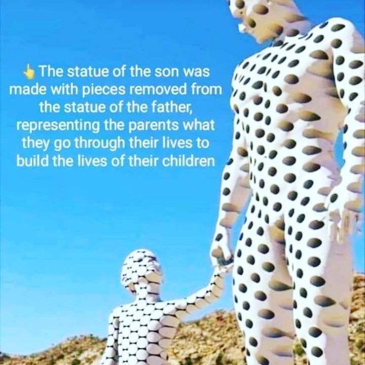 The statue of the son was made with pieces removed from the statue of the  father, representing the parents that go their lives to build the …