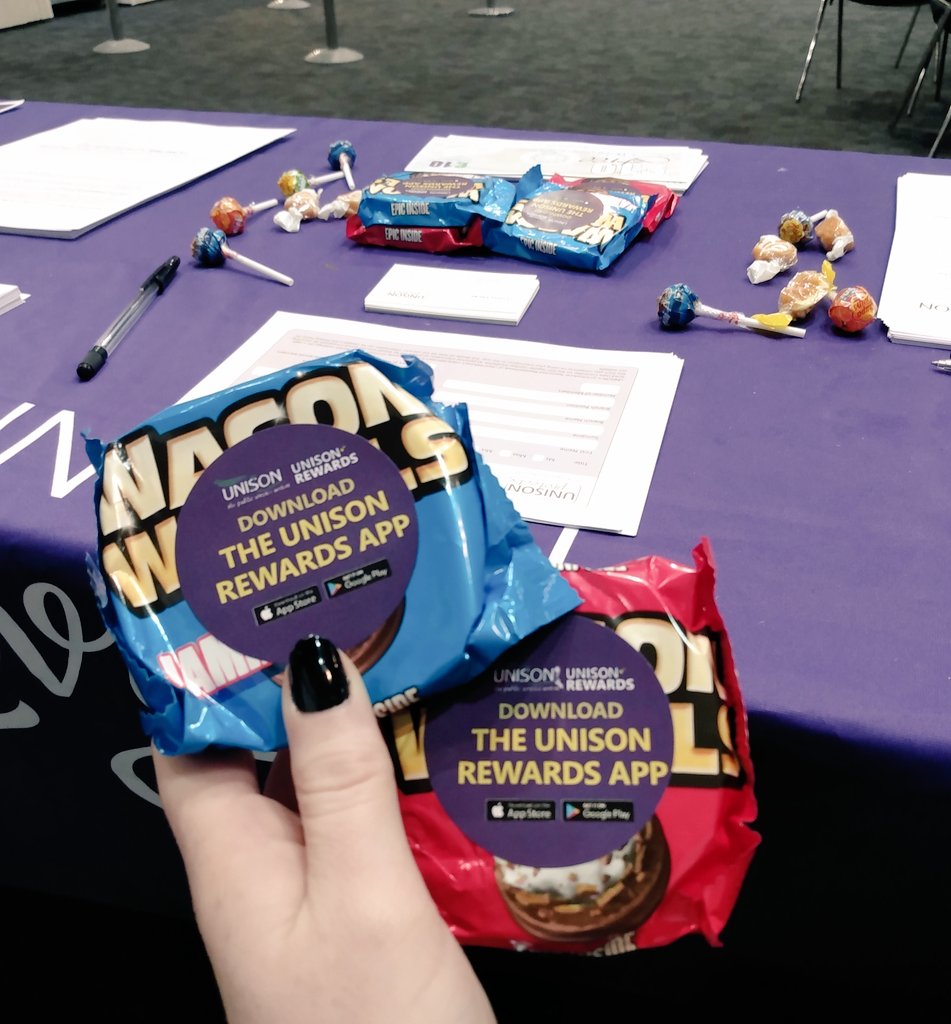 UNISONProtect's tweet photo. we know you love 'em... Pop by our stand at this year's National Conference to download our UNISON Rewards App, pick up a wagon wheel (or a sweetie) &amp; find out more about how we can help support your branch! #UNISON #UNISONNDC19 #heartunions https://t.co/P1rVqCZVjh