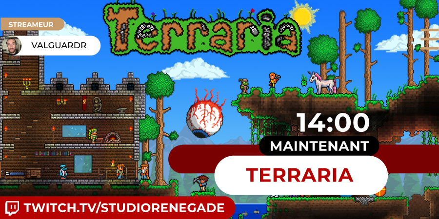 StdRenegade's tweet photo. Changement de jeu ce dimanche, @valguardr va tenter de survivre dans le monde de #Terraria !
🔴 En live sur https://t.co/4Cy1I07Km5
#Agenda #Twitch #minecraft2D https://t.co/e20myByO71