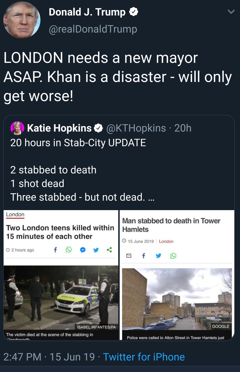 tfw you criticise a city's leader for five stabbings and a shooting when you run a country where every other day there's a mass shooting.