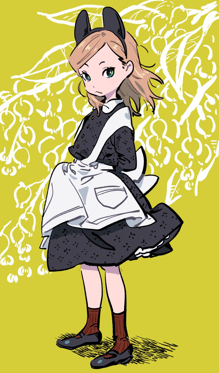 1girl solo apron animal ears socks dress black dress  illustration images