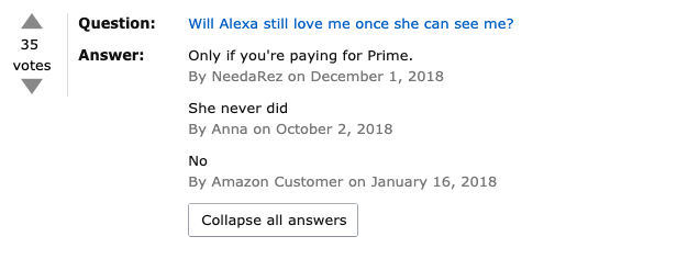 Aisha_calexico's tweet photo. These #EchoLook Q&As are pure gold 😂
#Amazon #Alexa #Echo #VirtualAssistants https://t.co/LSTvMErVYT