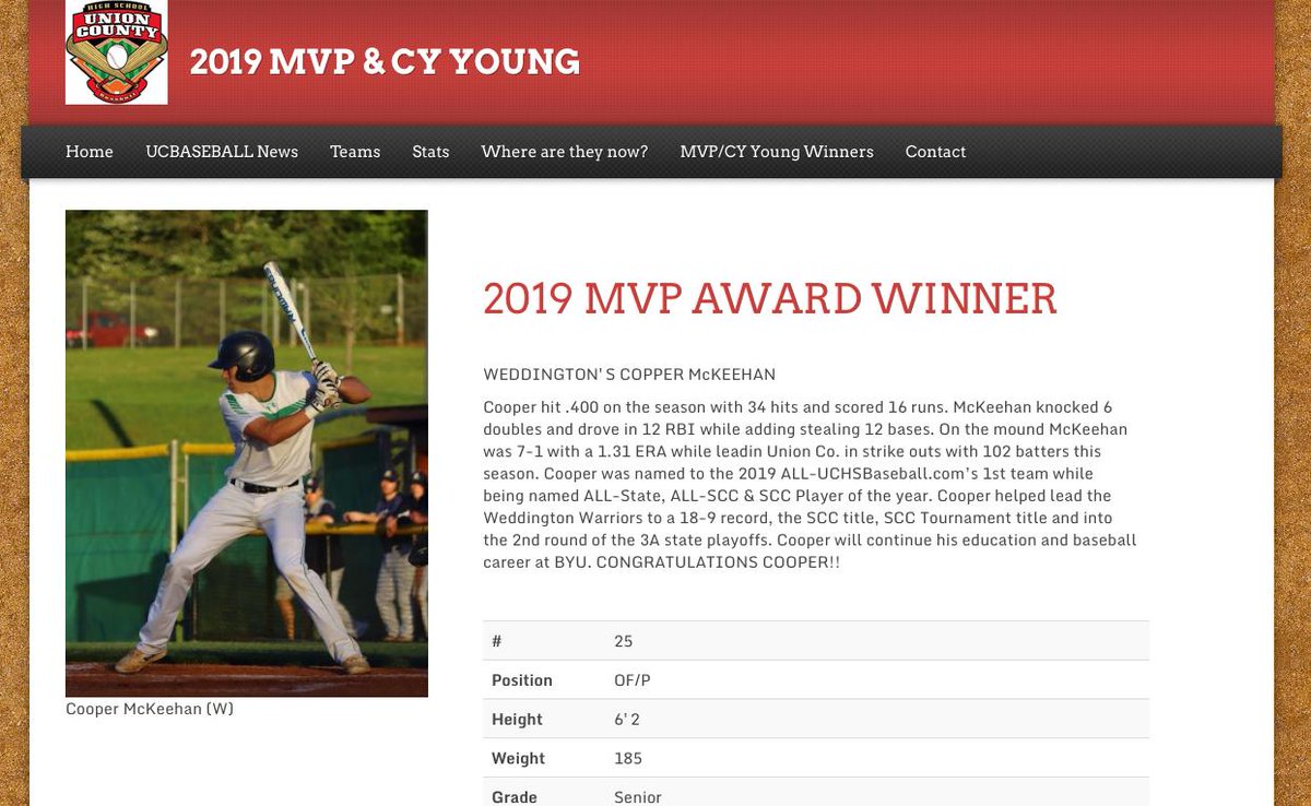 Union County Hoops, Football, Baseball & Softball (@uchoops) on Twitter photo Congrats to Weddington’s Cooper McKeehan The 2019 UCHSBaseball.com‘s MVP award winner UCHSSoftball.com
<a href="/coop2thehoop25/">Cooper McKeehan</a> <a href="/2019_baseball/">Weddington Baseball 2020</a> <a href="/WeddingtonSTUGO/">WHS STUGO 20/21</a> <a href="/AustinMcKeehan3/">Austin McKeehan</a> <a href="/TravisPoole/">Travis Poole</a> Congrats to Weddington’s Cooper McKeehan The 2019 UCHSBaseball.com‘s MVP award winner UCHSSoftball.com
<a href="/coop2thehoop25/">Cooper McKeehan</a> <a href="/2019_baseball/">Weddington Baseball 2020</a> <a href="/WeddingtonSTUGO/">WHS STUGO 20/21</a> <a href="/AustinMcKeehan3/">Austin McKeehan</a> <a href="/TravisPoole/">Travis Poole</a>