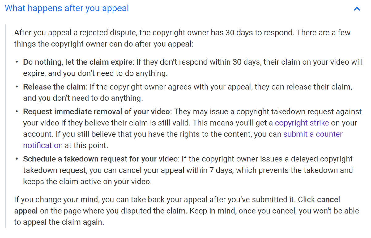 YouTube's support page detailing the process for appealing a Content ID claim decision.