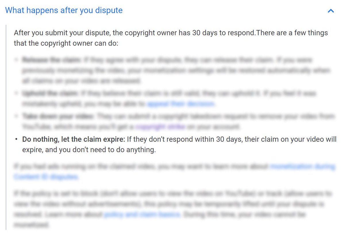the same YouTube support page from earlier in the thread, but most of it is blurred out except for: "Do nothing, let the claim expire: If they don’t respond within 30 days, their claim on your video will expire, and you don’t need to do anything."