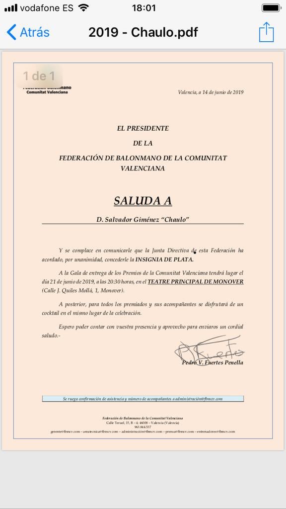 ElRecord's tweet photo. #MONÓVAR: La @Fbmcv ha concedido a Salvador Giménez “Chaulo”, hasta ahora edil de Deportes de Monóvar, la insignia de PLATA que le entregará el viernes en el Principal. #balomano #Monóvar #monovero https://t.co/BxdvaMbIsn