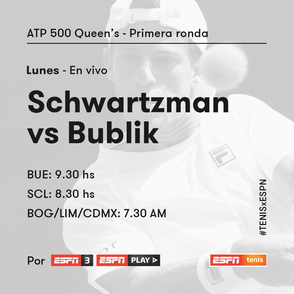 ESPNtenis's tweet photo. Schwartzman hará su debut en la gira de césped ante el kazajo Bublik en la primera ronda del ATP de #Queens. ¡Seguilo en nuestras plataformas! 🇦🇷🌱

#TENISxESPN https://t.co/0n9xNbntqg