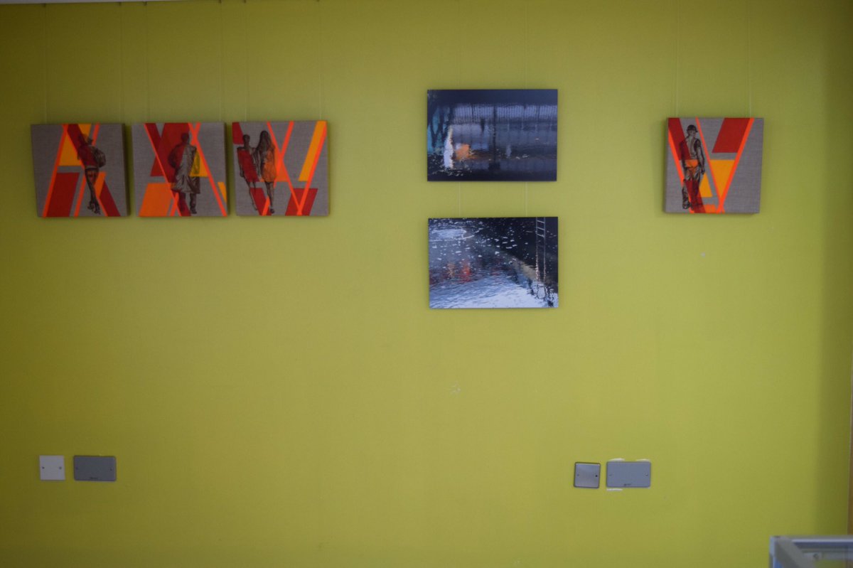 ‘‘Dark Water, Bright Water’ my photographs of reflective water #canarywharflondon flanked by @AndreaColtman bright fluorescent paintings at EX LIBRIS @ideastores Canary Wharf. continues to 29June  #freeexhibition 12 artists at  #churchillplace (behind @Waitrose beside @Starbucks)