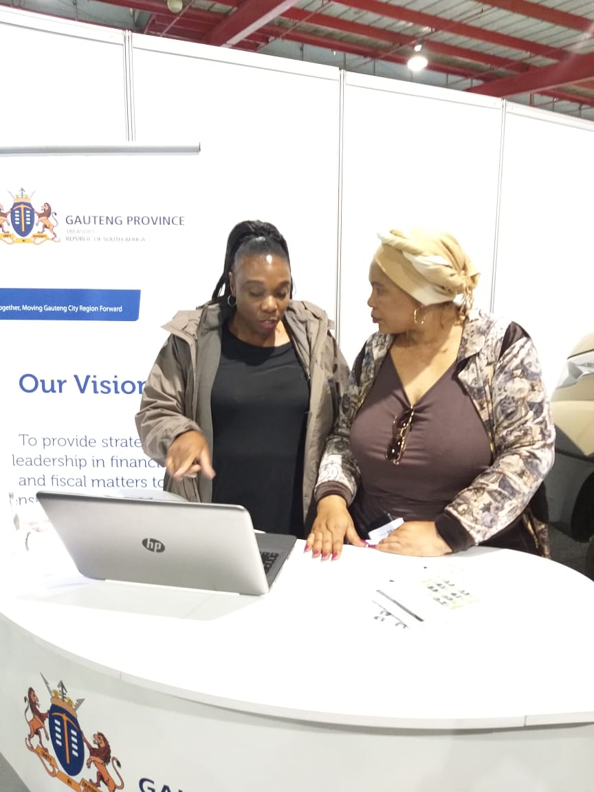 GautengTreasury's tweet photo. Day Four of #GPYouthExpo at the Nasrec Expo Centre Centre. Our MEC, Nomantu Nkomo-Ralehoko interacted with #TeamTreasury staff members in Hall 6. The team demonstrated how they assist entrepreneurs with Central Supplier Database queries on site. @GautengProvince @GautengSACR https://t.co/AWjnpaBesJ