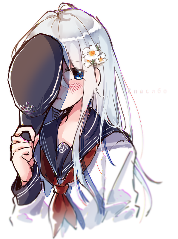 hibiki (kancolle) 1girl solo long hair hat flower school uniform blue eyes  illustration images