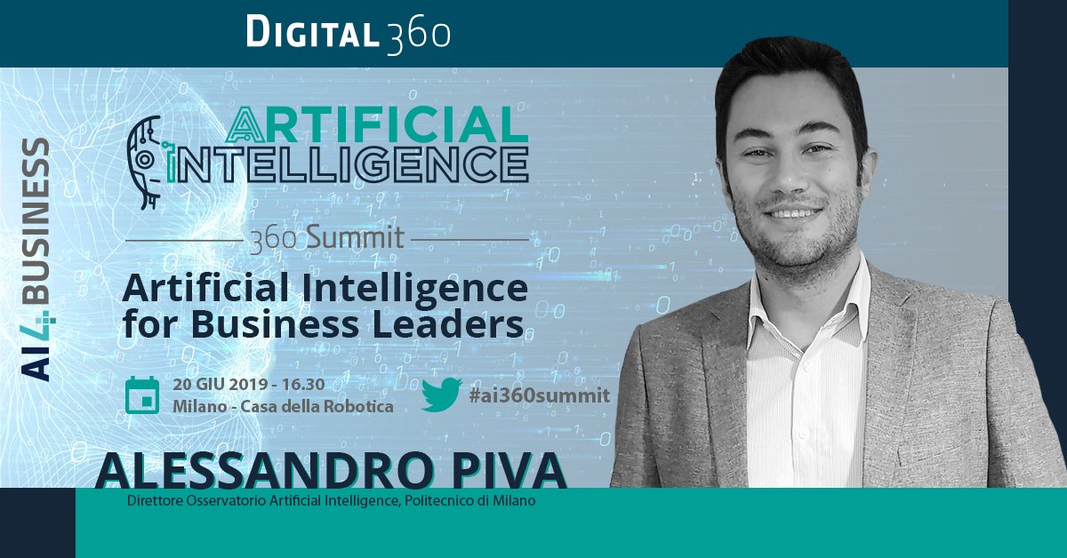 Perché si possano comprendere le opportunità dell’AI, è necessario un percorso di sensibilizzazione rivolto alle imprese. Ne parliamo con <a href="/PivaAlessandro/">Alessandro Piva</a> il prossimo 20 giugno ad #AI360summit 
Per iscriversi &gt;&gt; bit.ly/2VXXdsf  
@Digital360Group