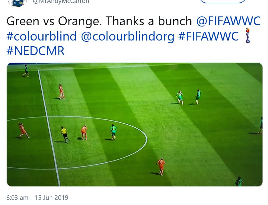 colourblindorg's tweet photo. @BBCAnnaT @Lionesses @ScotlandNT But DKY how many switched off #NEDCAM bec they couldn't tell teams apart? Plenty of colour blind ppl keen to support women's ⚽️ had no option. Massive issue for sports viewing figs. Does BBC ever raise with competition organisers? #1in12men #1in200women https://t.co/2MpDwkfGfG https://t.co/86aWguuEY8