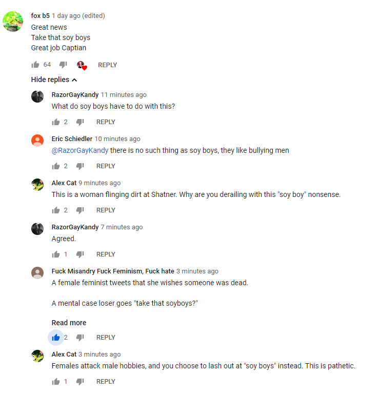 BanMale's tweet image. youtube.com/watch?v=piNNOV… Some female feminist wishes Shatner was dead. SO why does this idiot use the term soyboy? 

Why are cowardly right wing men too scared to attack feminists, but lash out at men they see as weak instead?