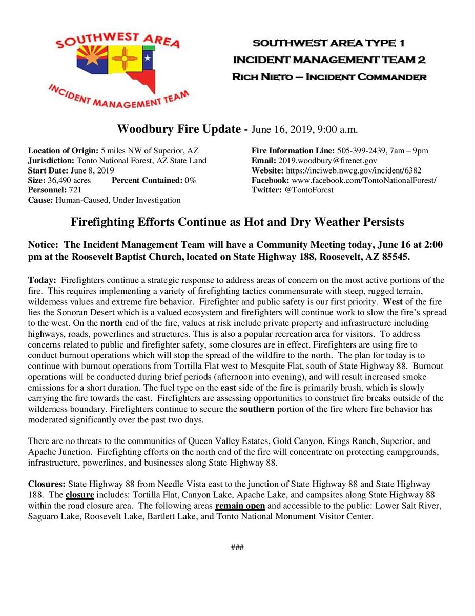 TrishasWCFireWx's tweet image. #WoodburyFire #AZ #AZTNF bit.ly/2ZwixqV Woodbury Fire: Woodbury Fire Morning Update - June 16, 2019
Size: 34,490 Acres
721 Firefighters