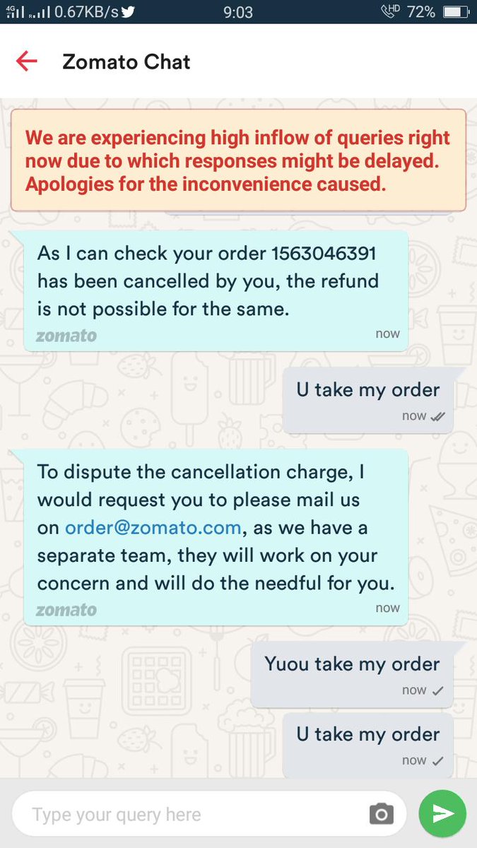 JainSushant2's tweet photo. @Zomato Cancelling of order will not refund the money and they are also not taking order also. Really Disgusting.
An appeal to all order from ZOMATO AT UR OWN RISK https://t.co/nZCQbJOfOp