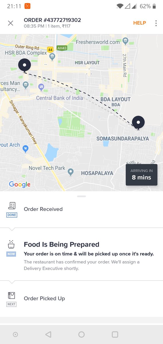 ImAkshayGoel's tweet photo. @swiggy_in I am quite unsure on how this order which doesn't even have a delivery executive assigned, will be delivered from a restaurant 3km away to my house in 8 mins. Is there any meaning left to that ETA? https://t.co/Oo7TI4DlzA