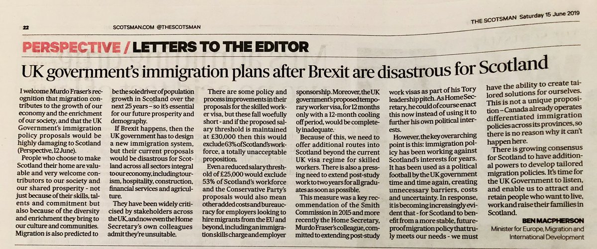 BenMacpherson's tweet photo. There is growing consensus for Scotland to have additional powers to develop tailored migration policies. It’s time for the UK govt to listen &amp; enable us to attract &amp; retain people who want to live, work &amp; raise their families in Scotland.

My letter in yesterday’s @TheScotsman. https://t.co/hqtE4v5lSe