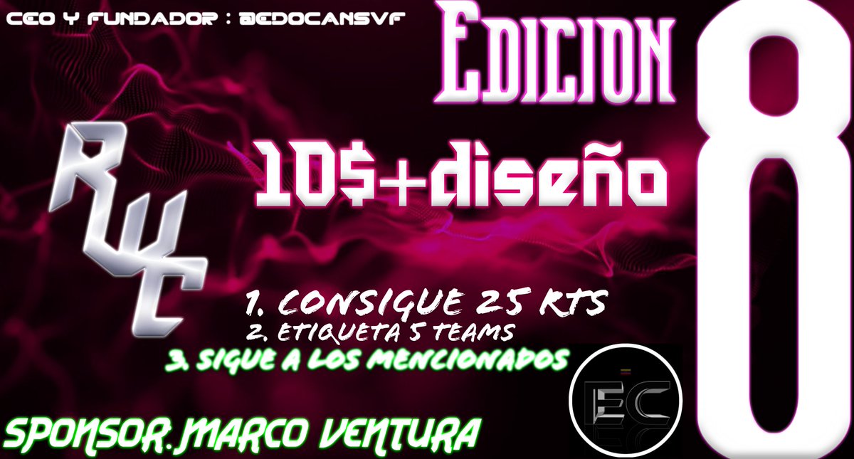 ➡️OCTAVA EDICION🎉

⚠️Si hay cupos⚠️

⚠️REQUISITOS sencillos (enviar captures de los 4)⚠️

⚠️1. Sigue a @Nfasis_CR  <a href="/EdocanSVF/">EDOCAN 🇻🇪</a>  @RWC_01  @ARTURO_94 @Franco_CR_CARP_ 

⚠️2. Etiqueta a 4 teams En los Comentarios

⚠️3. Pide 25rts y etiquetanos*

⚠️4 ❤FAV AND RT🔄