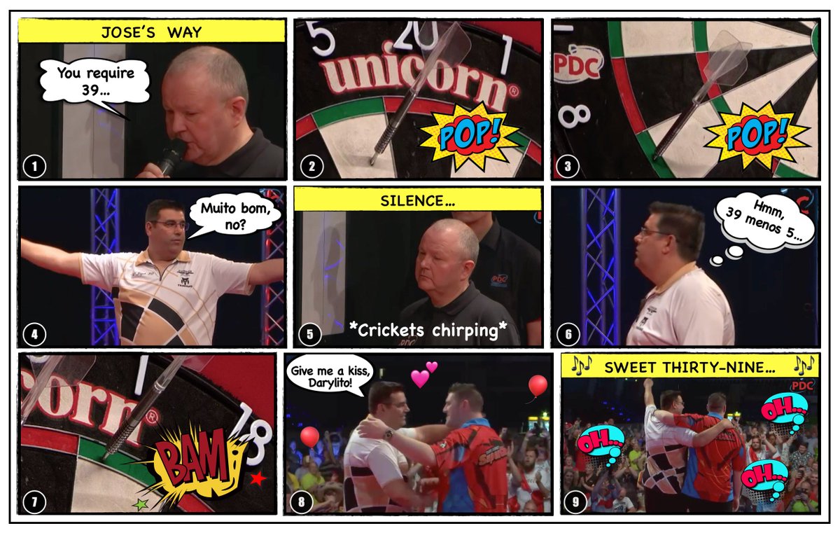 TheRedBit180's tweet image. A masterclass of taking out 39 with three darts in hand by Jose de Sousa!
#Darts #DDO19 #ET8 #JosesWay #DartComic