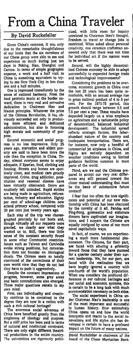 13/Why do you think JT would choose to say"admiration"? How can any Leader say they admire a country who deliberately kills their own people?Could China& #39;s regime be a pre-designed model for a future OneWorldGovernment? Here& #39;s an article by David Rockefeller, founder of the UN.
