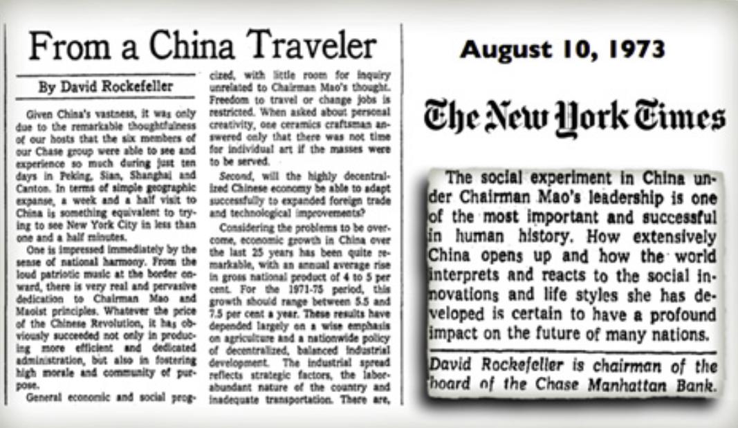 14/In this 1973 New York Times article Rockefeller states "The social experiment in China under Chairman Mao& #39;s leadership is one of the most important and successful in human history. How extensively China opens up and...