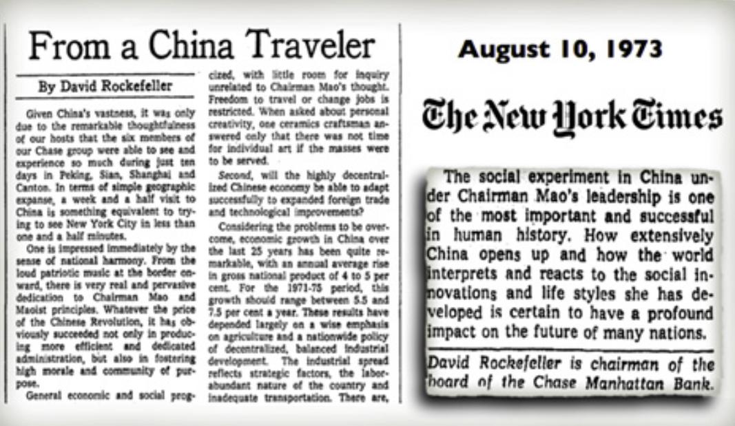 14/In this 1973 New York Times article Rockefeller states "The social experiment in China under Chairman Mao's leadership is one of the most important and successful in human history. How extensively China opens up and...