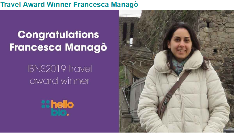 IBNSconnect's tweet photo. Congratulations to @FrancescaManago @hello_bio Travel Award recipient, who will be giving her first talk at the @IBNSconnect international conference. And thanks to #HelloBio for supporting our young scientists: #IBNS2019 https://t.co/M2ai3O9gga https://t.co/eyMq1TztyA