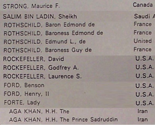 21/During my dig I ran across this copy of the 1978 1001Club members list.Imagine to my surprise who I found on that list:- Maurice Strong(Inventor of the UN Climate Hoax)- Sheikh Salim Bin Ladin(Osama Bin Laden's older brother)- The Rothschilds (World Banks)