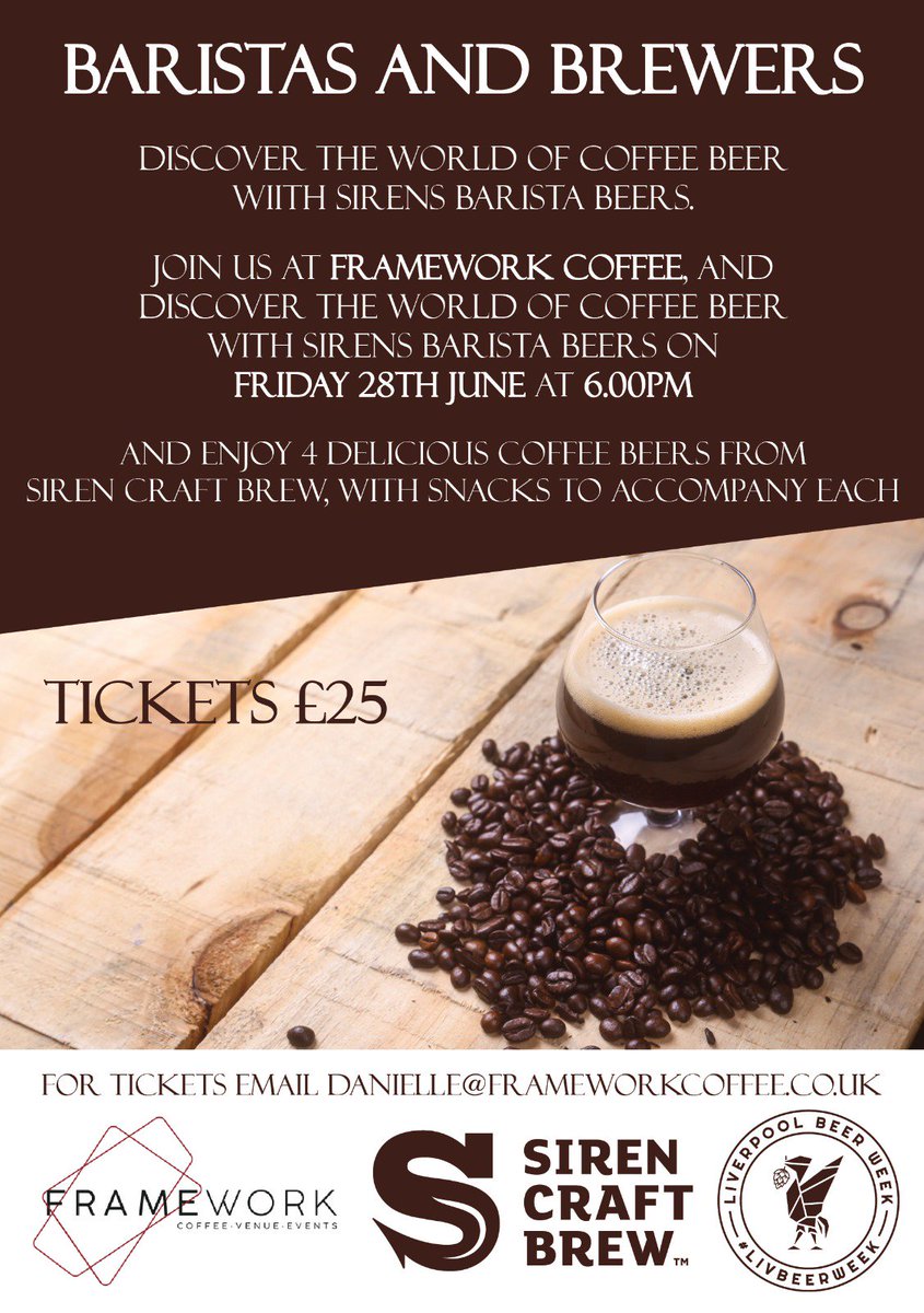 LivBeerCo's tweet image. 🎉Big event!🎉

Friday 28th June, 6pm.

Very limited tickets for our Baristas and Brewers event at @FrameworkLpl with @SirenCraftBrew - a guided coffee tasting with paired food.

Be quick!

#livbeerweek #LBW19 #Liverpool
