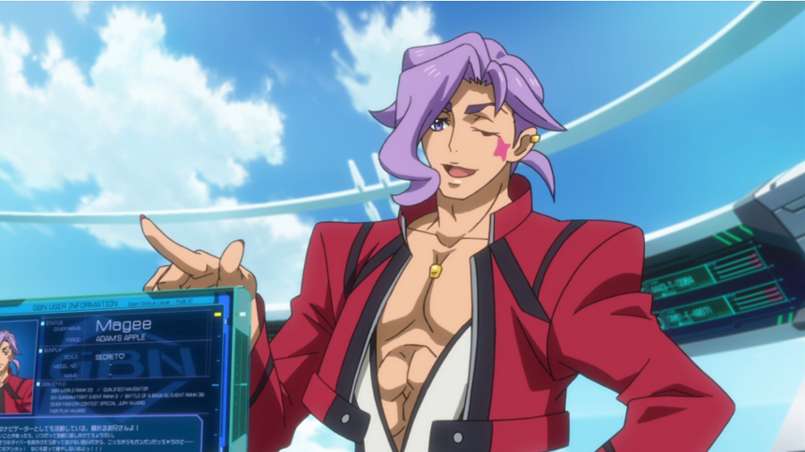 Magee from Gundam built drivers is gay. A onee type of characters that is one of the best support of the main characters, he’s in almost every episode and isn’t mock at all.