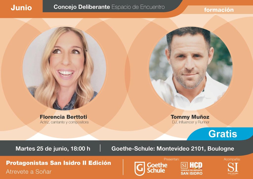 HCDSanIsidro's tweet photo. “ATREVETE A SOÑAR” 👉🏻Se desarrollará el martes 25 de junio, a las 18, en @goetheschuleba
La charla apunta a promover un estilo de vida creativo, positivo y entusiasta entre los jóvenes. Entrada Libre y gratuita.
Para más información comunicarse al 4512-3336.
#protagonistassi https://t.co/b0htzZqfhR