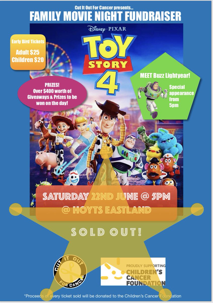 SOLD OUT! Happy to announce that our #ToyStory4 Movie Night Fundraiser in support of The #ChildrensCancerFoundation is completely SOLD OUT!! Yay! Thank you to all those who have bought tickets, see you all on Saturday!
#CutItOut4Cancer