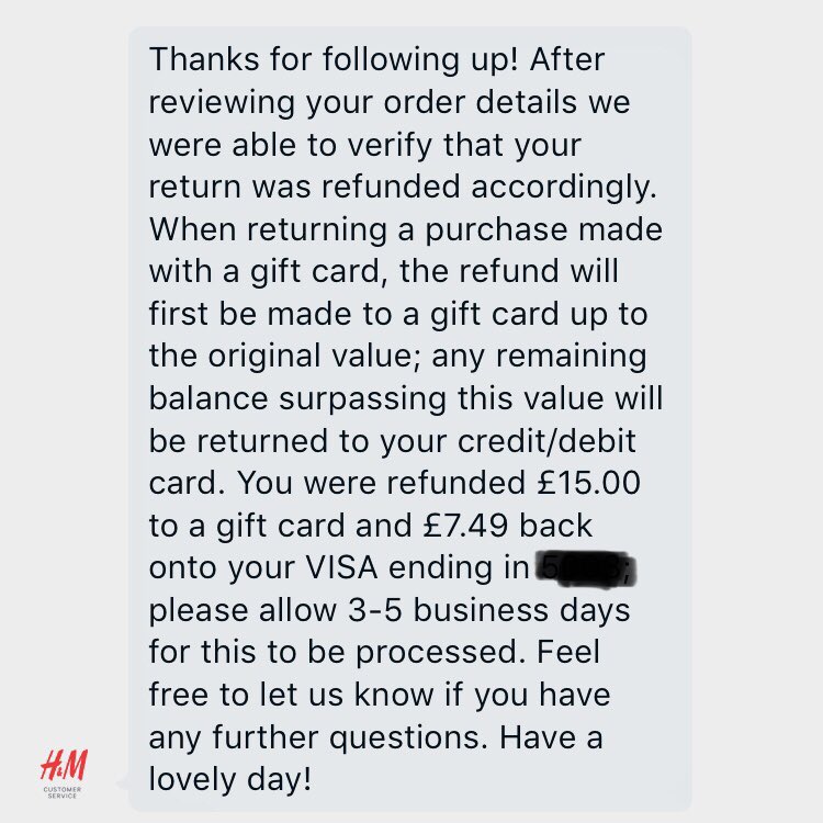 Stylitz's tweet photo. Very unhappy with H&amp;M @hm_custserv. An unfair policy of returning to gift card not credit card. Will no longer be shopping there 👎 #hm https://t.co/4bdBKQdw9u