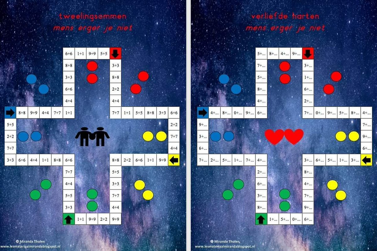 Mens erger je niet voor de verliefde harten en tweelingsommen. 

lesmateriaalmiranda.blogspot.com/2019/06/verlie…