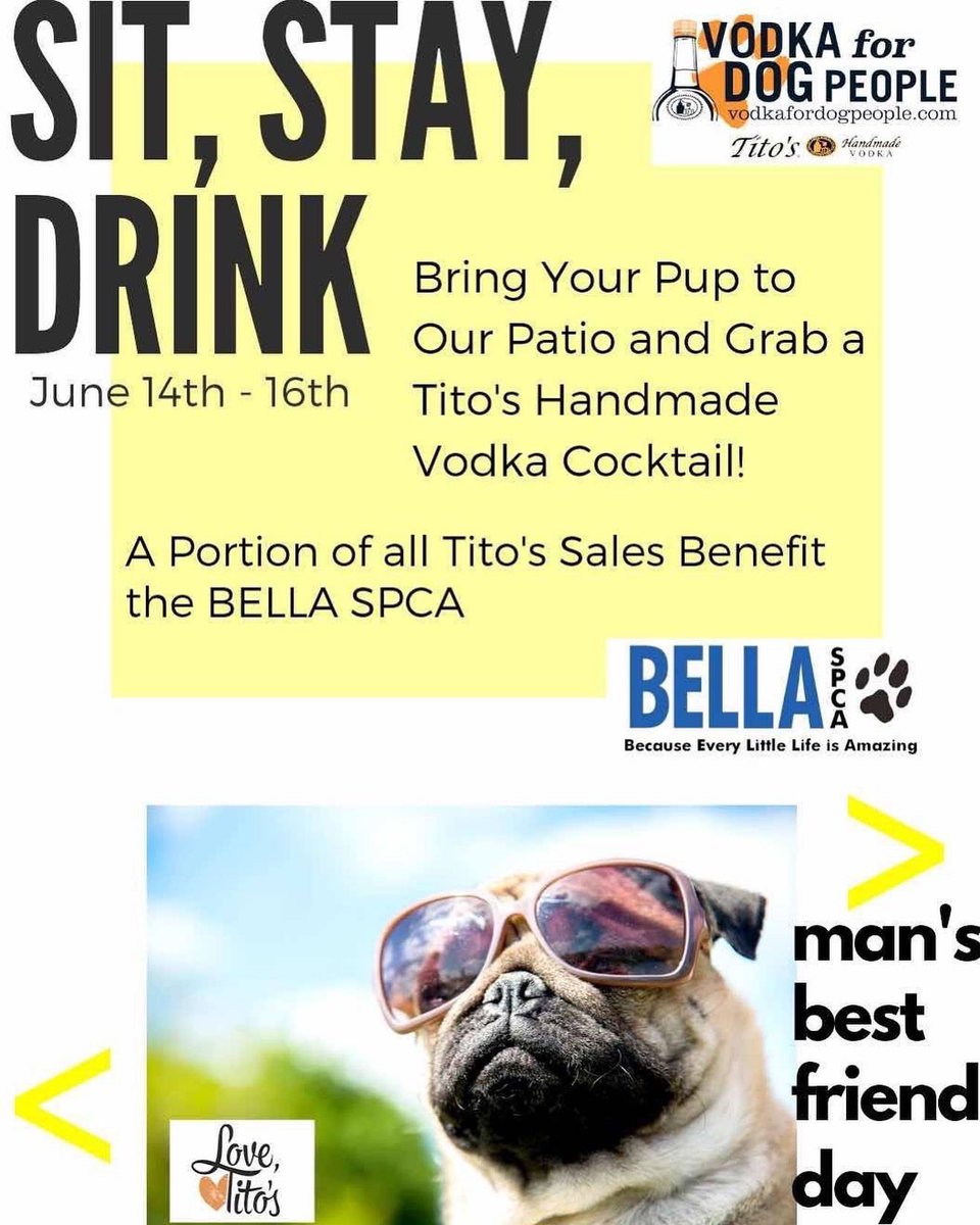 SkinnySlimsEdm's tweet photo. Bring your pup to the patio today and drink some Tito's Handmade Vodka to support the Bella SPCA come in for a great cause!  Every #titosvodka drinks you have a $1 will be donated!  #puppyloves #helpthedoggies https://t.co/RI5PF99x79
