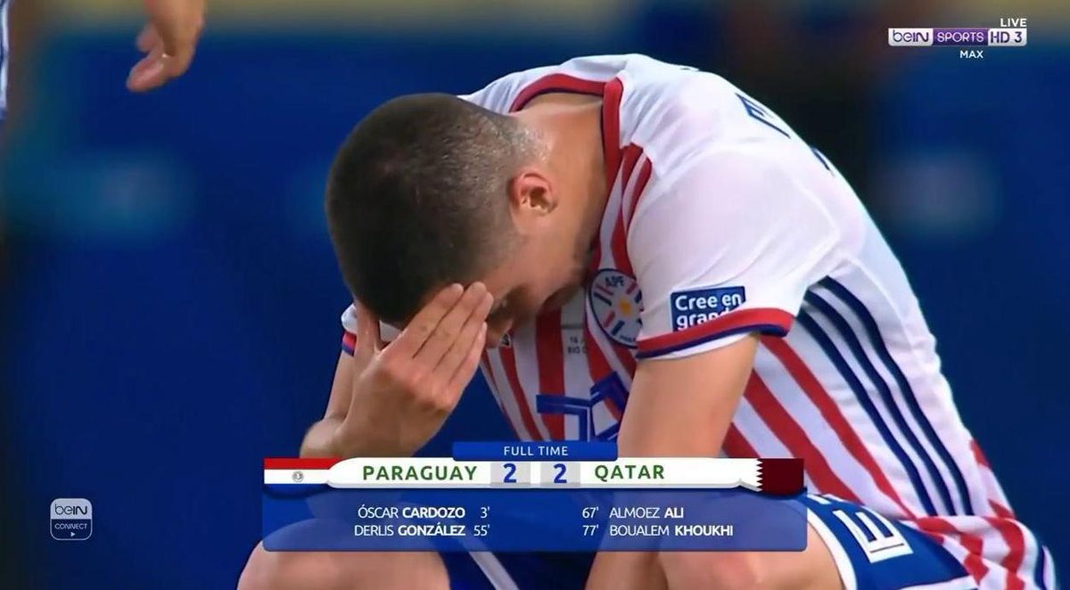 FT: 🇵🇾 2 - 2 🇶🇦

#Paraguay squandered a two goal lead in the 2nd half and that could prove to be a valuable point for #Qatar.

#beINCopa #PARQAT #CopaAmerica